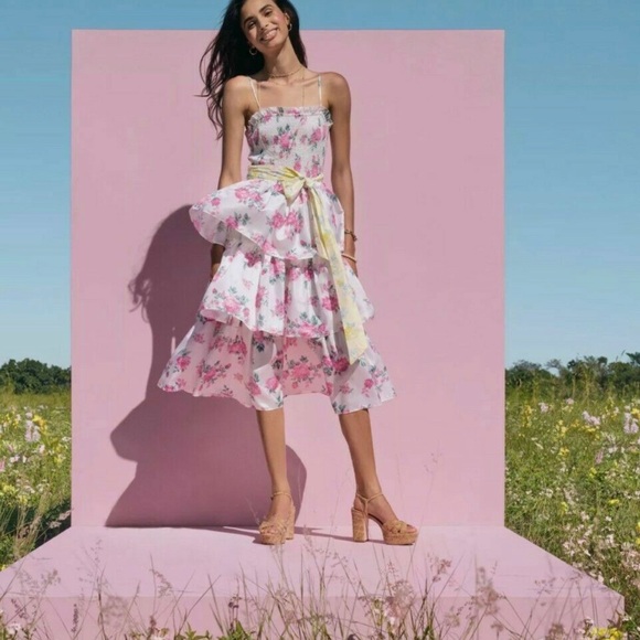 Loveshackfancy Elise Smocked Tiered Dress Womens Target Floral Ivory Pink - Picture 2 of 6